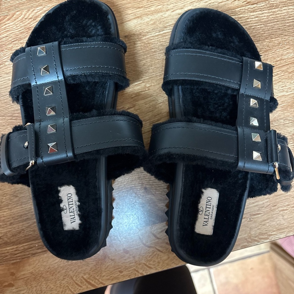 Valentino Black Fur-Lined Studded Slides